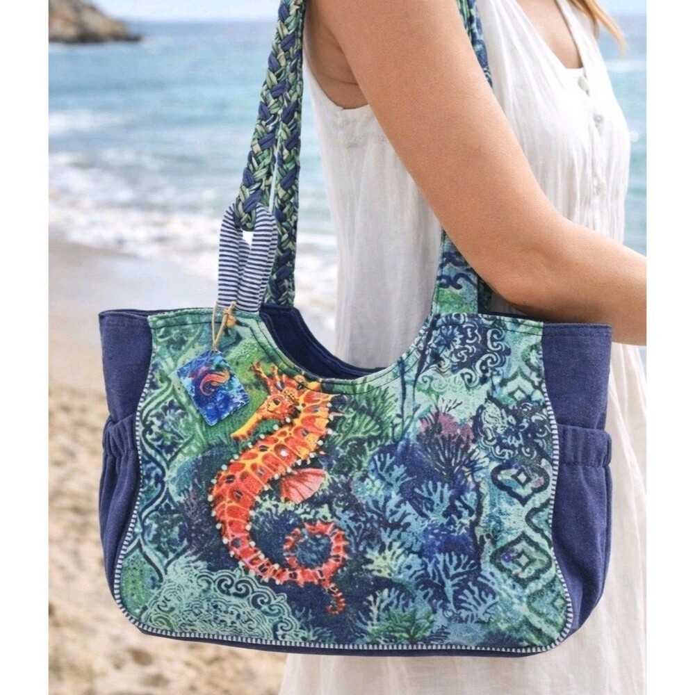 Paul Brent Seahorse Canvas Tote Bag Large Braided Shoulder Purse Beach Cruise
